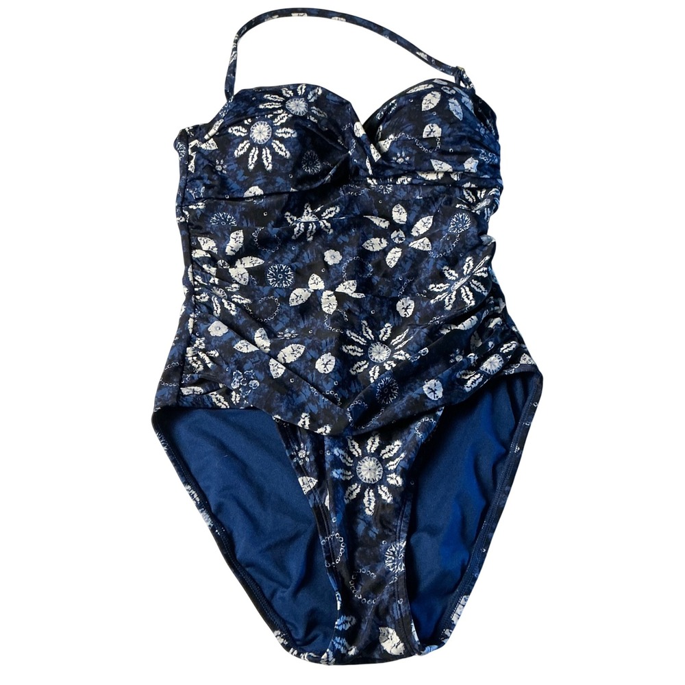 Bleu Rod Beattie One Piece Swimsuit Navy Blue Floral Ruched Halter Size 6